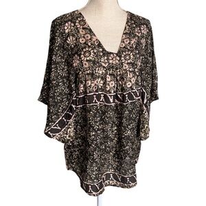 SUNNER black and tan floral silk kimono sleeve tunic top